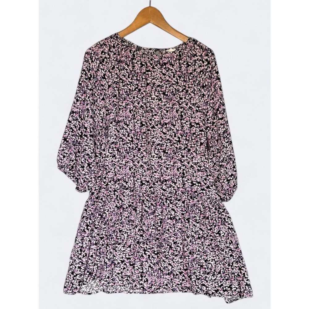 H&M Black and Pink Floral Long-Sleeve Mini Dress
